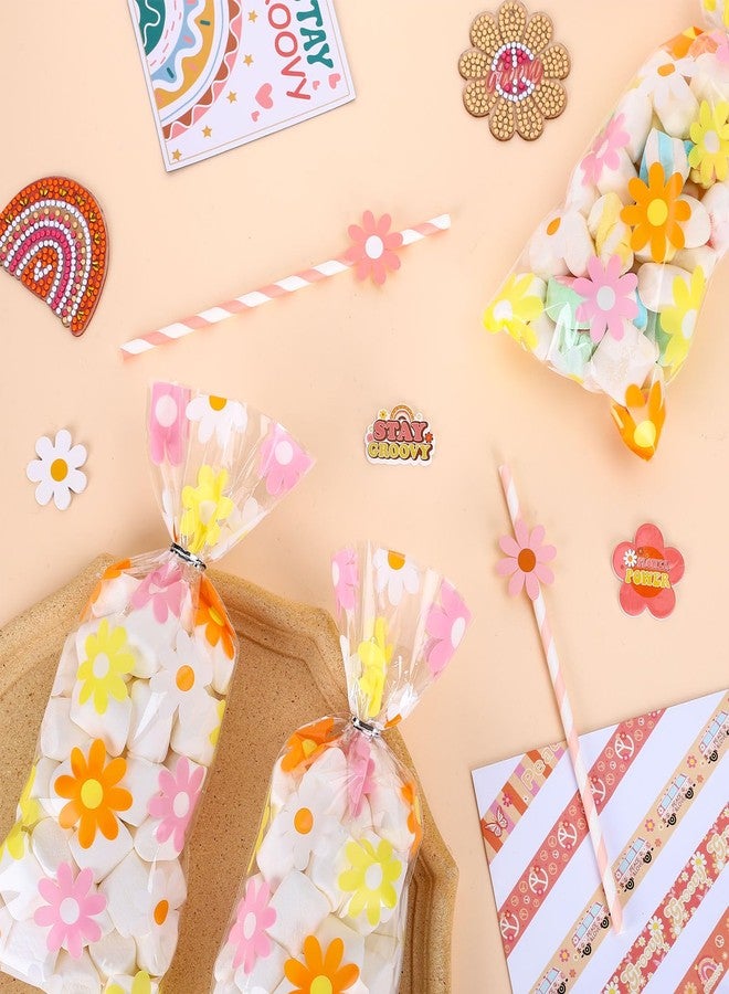 Whaline 100Pcs Groovy Daisy Cellophane Bags with Silver Twist Ties Retro Hippie Boho Party Treat Bag Colorful Flower Plastic Goodie Bags for Daisy Flower Birthday Baby Shower Wedding Party Favor - Image 3